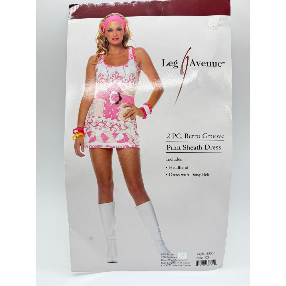 Vintage Leg Avenue Retro Groove Print Sheath Dress Costume Pink White XS 83303